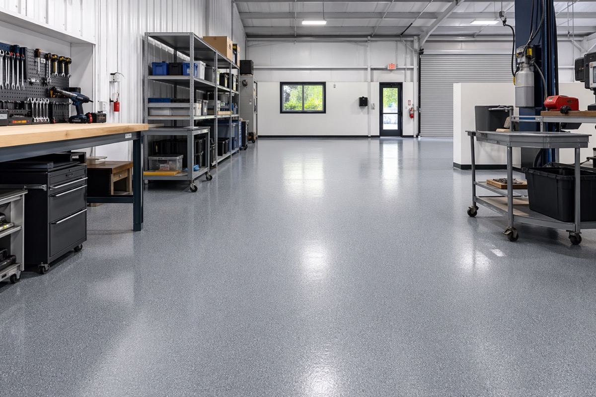 Espace commercial avec plancher epoxy durable et facile a entretenir