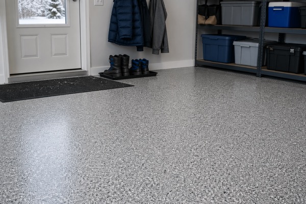 Plancher epoxy flocons dans une entree de garage residentielle