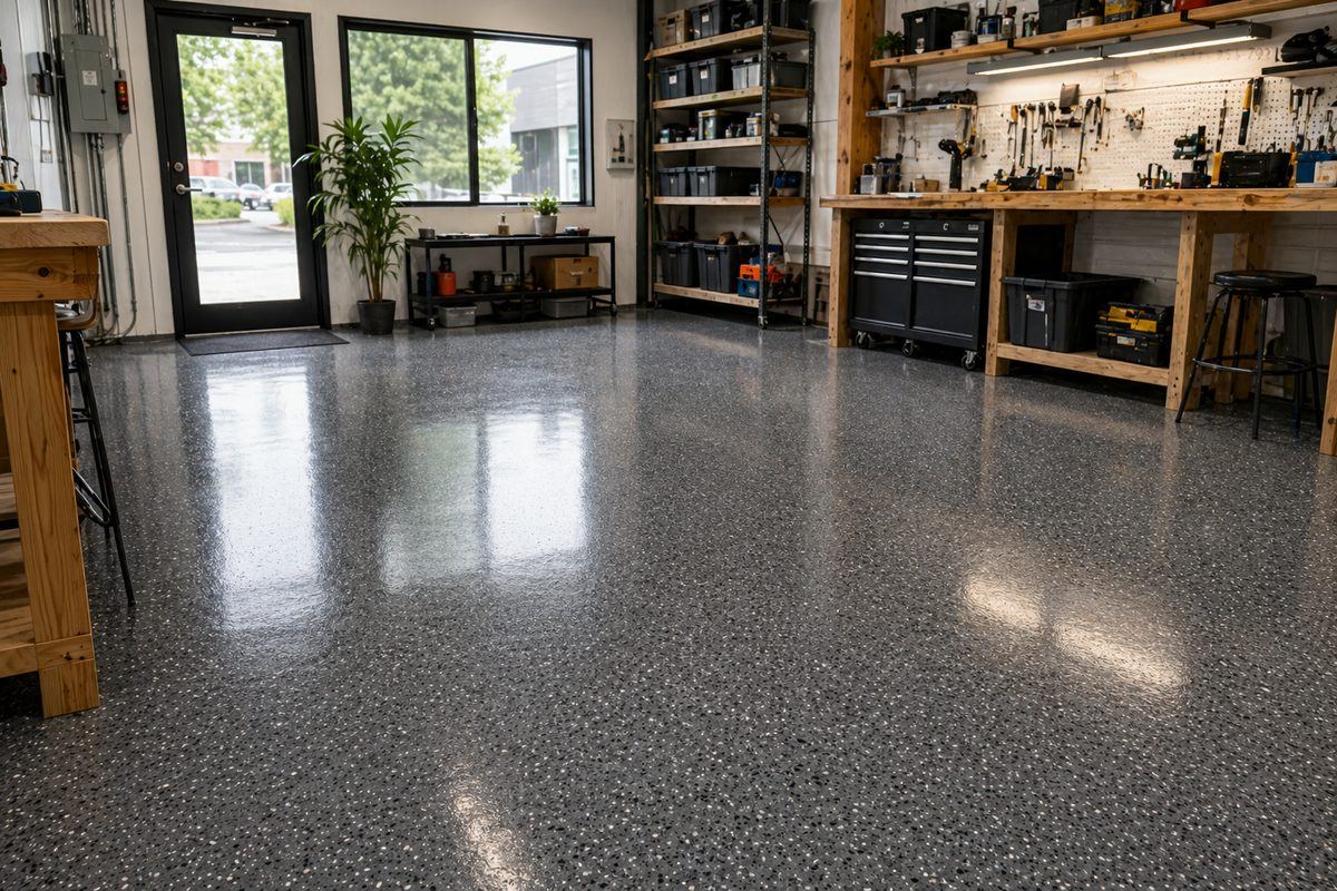 Petit atelier local avec plancher époxy durable